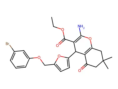 ethyl 2-amino-4-{5-[(3-bromophenoxy)methyl]-2-furyl}-7,7-dimethyl-5-oxo-5,6,7,8-tetrahydro-4H-chromene-3-carboxylate structure