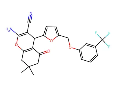 2-amino-7,7-dimethyl-5-oxo-4-[5-[[3-(trifluoromethyl)phenoxy]methyl]furan-2-yl]-6,8-dihydro-4H-chromene-3-carbonitrile structure