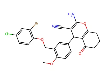 2-amino-4-[3-[(2-bromo-4-chlorophenoxy)methyl]-4-methoxyphenyl]-5-oxo-4,6,7,8-tetrahydrochromene-3-carbonitrile structure