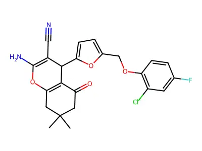2-amino-4-[5-[(2-chloro-4-fluorophenoxy)methyl]furan-2-yl]-7,7-dimethyl-5-oxo-6,8-dihydro-4H-chromene-3-carbonitrile structure