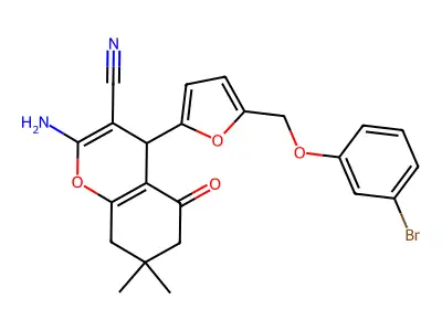 2-amino-4-[5-[(3-bromophenoxy)methyl]furan-2-yl]-7,7-dimethyl-5-oxo-6,8-dihydro-4H-chromene-3-carbonitrile structure