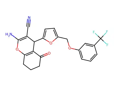 2-amino-5-oxo-4-[5-[[3-(trifluoromethyl)phenoxy]methyl]furan-2-yl]-4,6,7,8-tetrahydrochromene-3-carbonitrile structure