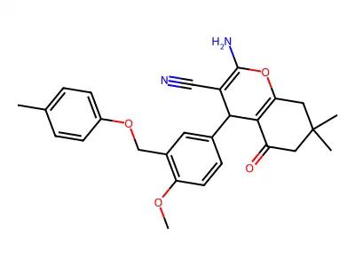 2-amino-4-{4-methoxy-3-[(4-methylphenoxy)methyl]phenyl}-7,7-dimethyl-5-oxo-5,6,7,8-tetrahydro-4H-chromene-3-carbonitrile structure