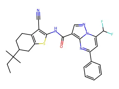 N-[3-cyano-6-(2-methylbutan-2-yl)-4,5,6,7-tetrahydro-1-benzothiophen-2-yl]-7-(difluoromethyl)-5-phenylpyrazolo[1,5-a]pyrimidine-3-carboxamide structure
