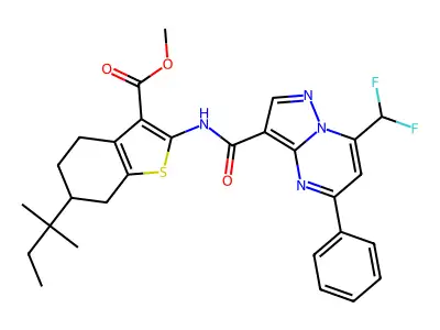 methyl 2-({[7-(difluoromethyl)-5-phenylpyrazolo[1,5-a]pyrimidin-3-yl]carbonyl}amino)-6-tert-pentyl-4,5,6,7-tetrahydro-1-benzothiophene-3-carboxylate structure