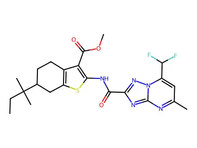 methyl 2-({[7-(difluoromethyl)-5-methyl[1,2,4]triazolo[1,5-a]pyrimidin-2-yl]carbonyl}amino)-6-tert-pentyl-4,5,6,7-tetrahydro-1-benzothiophene-3-carboxylate structure