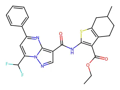 ethyl 2-({[7-(difluoromethyl)-5-phenylpyrazolo[1,5-a]pyrimidin-3-yl]carbonyl}amino)-6-methyl-4,5,6,7-tetrahydro-1-benzothiophene-3-carboxylate structure