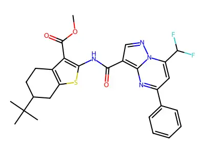 methyl 6-tert-butyl-2-({[7-(difluoromethyl)-5-phenylpyrazolo[1,5-a]pyrimidin-3-yl]carbonyl}amino)-4,5,6,7-tetrahydro-1-benzothiophene-3-carboxylate structure