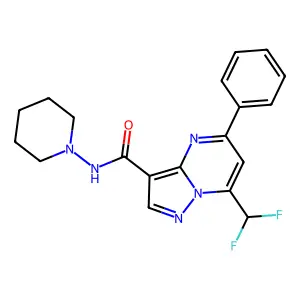 7-(difluoromethyl)-5-phenyl-N-1-piperidinylpyrazolo[1,5-a]pyrimidine-3-carboxamide structure
