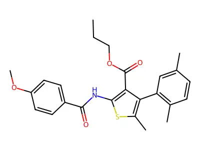 propyl 4-(2,5-dimethylphenyl)-2-[(4-methoxybenzoyl)amino]-5-methyl-3-thiophenecarboxylate structure