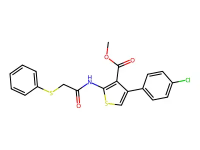 methyl 4-(4-chlorophenyl)-2-[(2-phenylsulfanylacetyl)amino]thiophene-3-carboxylate structure