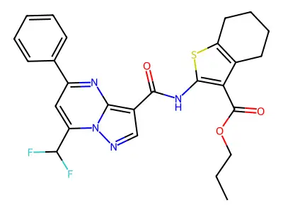 propyl 2-({[7-(difluoromethyl)-5-phenylpyrazolo[1,5-a]pyrimidin-3-yl]carbonyl}amino)-4,5,6,7-tetrahydro-1-benzothiophene-3-carboxylate structure