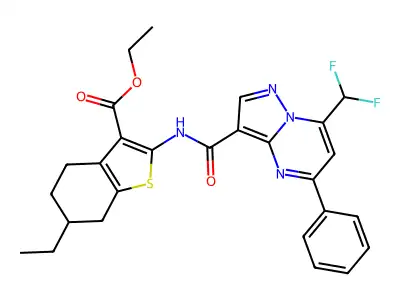ethyl 2-({[7-(difluoromethyl)-5-phenylpyrazolo[1,5-a]pyrimidin-3-yl]carbonyl}amino)-6-ethyl-4,5,6,7-tetrahydro-1-benzothiophene-3-carboxylate structure