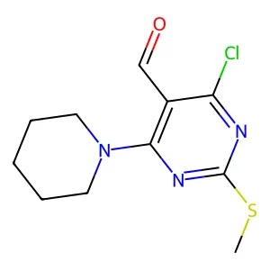 4-Chloro-2-(methylsulfanyl)-6-(1-piperidinyl)-5-pyrimidinecarbaldehyde structure