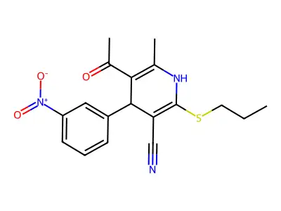 5-acetyl-4-{3-nitrophenyl}-6-methyl-2-(propylsulfanyl)-1,4-dihydropyridine-3-carbonitrile structure