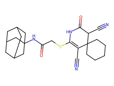 N-(1-adamantyl)-2-[(1,5-dicyano-2-oxo-3-azaspiro[5.5]undec-4-en-4-yl)sulfanyl]acetamide structure