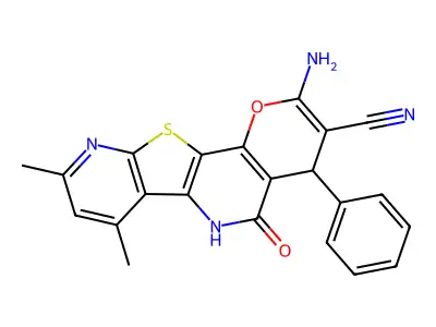 2-amino-7,9-dimethyl-5-oxo-4-phenyl-5,6-dihydro-4H-pyrano[2,3-d]pyrido[3',2':4,5]thieno[3,2-b]pyridine-3-carbonitrile structure
