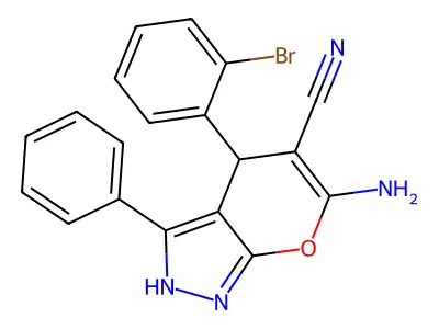 6-amino-4-(2-bromophenyl)-3-phenyl-1,4-dihydropyrano[2,3-c]pyrazole-5-carbonitrile structure