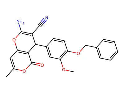 2-amino-4-[4-(benzyloxy)-3-methoxyphenyl]-7-methyl-5-oxo-4H,5H-pyrano[4,3-b]pyran-3-carbonitrile structure