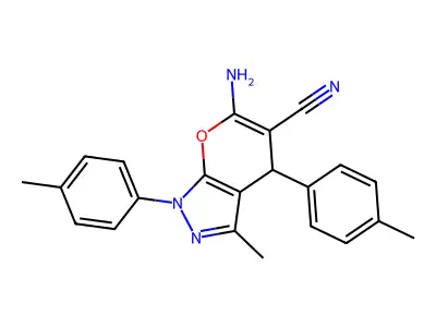 6-amino-3-methyl-1,4-bis(4-methylphenyl)-1,4-dihydropyrano[2,3-c]pyrazole-5-carbonitrile structure
