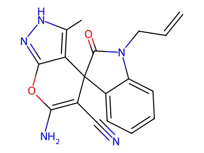 1'-allyl-6-amino-5-cyano-3-methyl-2'-oxo-1,1',3',4-tetrahydrospiro(pyrano[2,3-c]pyrazole-4,3'-[2'H]-indole) structure