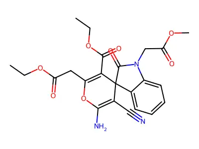 ethyl 6'-amino-5'-cyano-2'-(2-ethoxy-2-oxoethyl)-1-(2-methoxy-2-oxoethyl)-2-oxospiro[indole-3,4'-pyran]-3'-carboxylate structure