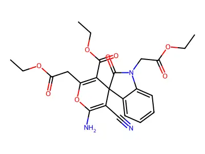 ethyl 6'-amino-5'-cyano-1,2'-bis(2-ethoxy-2-oxoethyl)-2-oxospiro[indole-3,4'-pyran]-3'-carboxylate structure