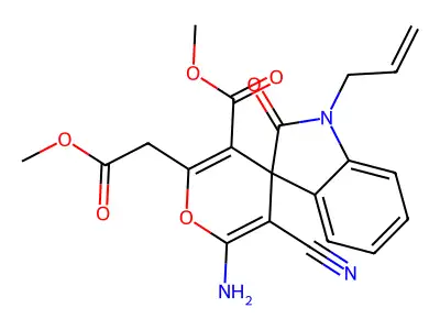 methyl 6'-amino-5'-cyano-2'-(2-methoxy-2-oxoethyl)-2-oxo-1-prop-2-enylspiro[indole-3,4'-pyran]-3'-carboxylate structure