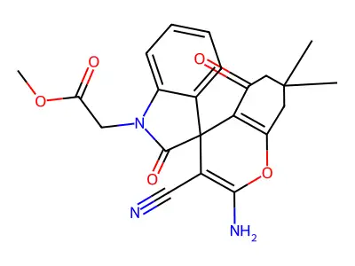 methyl 2-(2-amino-3-cyano-7,7-dimethyl-2',5-dioxospiro[6,8-dihydrochromene-4,3'-indole]-1'-yl)acetate structure