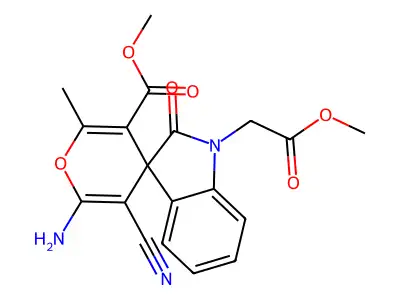 methyl 6'-amino-5'-cyano-1-(2-methoxy-2-oxoethyl)-2'-methyl-2-oxospiro[indole-3,4'-pyran]-3'-carboxylate structure