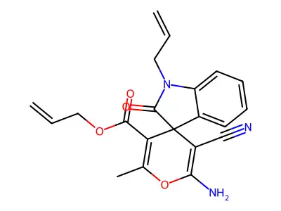 prop-2-enyl 6'-amino-5'-cyano-2'-methyl-2-oxo-1-prop-2-enylspiro[indole-3,4'-pyran]-3'-carboxylate structure