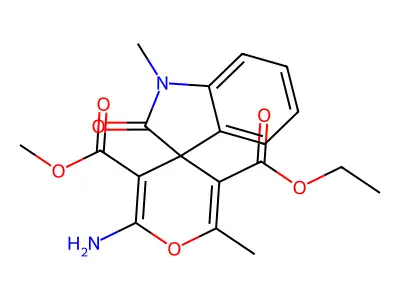 5-O'-ethyl 3-O'-methyl 2'-amino-1,6'-dimethyl-2-oxospiro[indole-3,4'-pyran]-3',5'-dicarboxylate structure