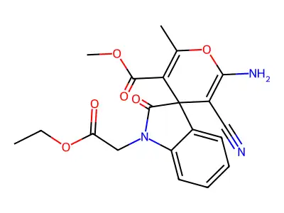 methyl 6'-amino-5'-cyano-1-(2-ethoxy-2-oxoethyl)-2'-methyl-2-oxospiro[indole-3,4'-pyran]-3'-carboxylate structure