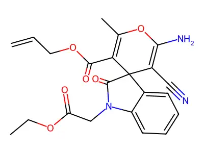 prop-2-enyl 6'-amino-5'-cyano-1-(2-ethoxy-2-oxoethyl)-2'-methyl-2-oxospiro[indole-3,4'-pyran]-3'-carboxylate structure