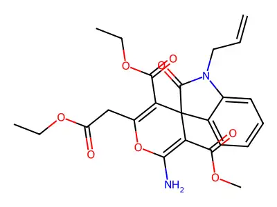 5-O'-ethyl 3-O'-methyl 2'-amino-6'-(2-ethoxy-2-oxoethyl)-2-oxo-1-prop-2-enylspiro[indole-3,4'-pyran]-3',5'-dicarboxylate structure