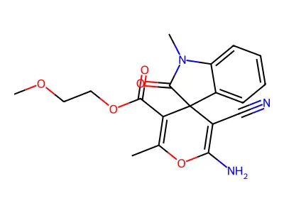 2-methoxyethyl 6'-amino-5'-cyano-1,2'-dimethyl-2-oxospiro[indole-3,4'-pyran]-3'-carboxylate structure