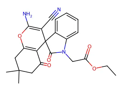 ethyl 2-(2-amino-3-cyano-7,7-dimethyl-2',5-dioxospiro[6,8-dihydrochromene-4,3'-indole]-1'-yl)acetate structure
