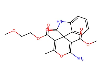 5-O'-(2-methoxyethyl) 3-O'-methyl 2'-amino-6'-methyl-2-oxospiro[1H-indole-3,4'-pyran]-3',5'-dicarboxylate structure