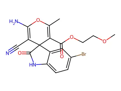 2-methoxyethyl 6'-amino-5-bromo-5'-cyano-2'-methyl-2-oxospiro[1H-indole-3,4'-pyran]-3'-carboxylate structure