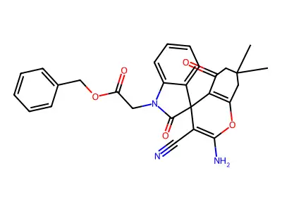benzyl 2-(2-amino-3-cyano-7,7-dimethyl-2',5-dioxospiro[6,8-dihydrochromene-4,3'-indole]-1'-yl)acetate structure
