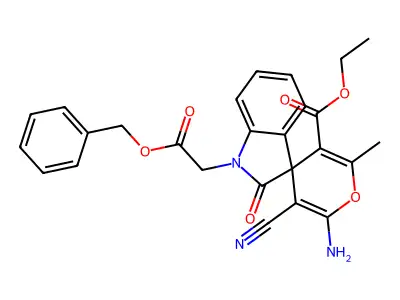 ethyl 6'-amino-5'-cyano-2'-methyl-2-oxo-1-(2-oxo-2-phenylmethoxyethyl)spiro[indole-3,4'-pyran]-3'-carboxylate structure
