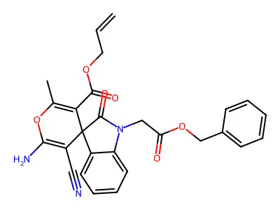 prop-2-enyl 6'-amino-5'-cyano-2'-methyl-2-oxo-1-(2-oxo-2-phenylmethoxyethyl)spiro[indole-3,4'-pyran]-3'-carboxylate structure