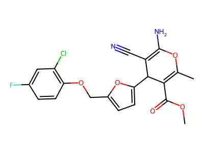 methyl 6-amino-4-{5-[(2-chloro-4-fluorophenoxy)methyl]-2-furyl}-5-cyano-2-methyl-4H-pyran-3-carboxylate structure