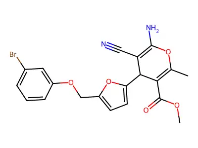 methyl 6-amino-4-{5-[(3-bromophenoxy)methyl]-2-furyl}-5-cyano-2-methyl-4H-pyran-3-carboxylate structure