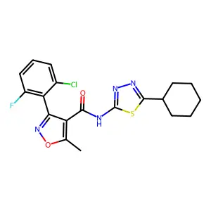 3-(2-chloro-6-fluorophenyl)-N-(5-cyclohexyl-1,3,4-thiadiazol-2-yl)-5-methyl-1,2-oxazole-4-carboxamide structure