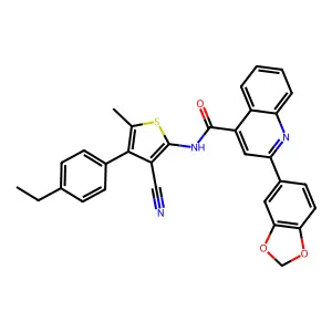 2-(1,3-benzodioxol-5-yl)-N-[3-cyano-4-(4-ethylphenyl)-5-methylthiophen-2-yl]quinoline-4-carboxamide structure