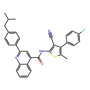 N-[3-cyano-4-(4-fluorophenyl)-5-methylthiophen-2-yl]-2-[4-(2-methylpropyl)phenyl]quinoline-4-carboxamide structure