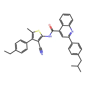 N-[3-cyano-4-(4-ethylphenyl)-5-methylthiophen-2-yl]-2-[4-(2-methylpropyl)phenyl]quinoline-4-carboxamide structure