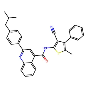 N-(3-cyano-5-methyl-4-phenylthiophen-2-yl)-2-[4-(2-methylpropyl)phenyl]quinoline-4-carboxamide structure