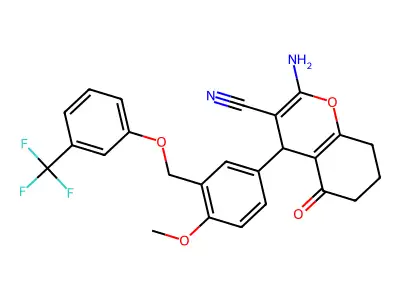 2-amino-4-(4-methoxy-3-{[3-(trifluoromethyl)phenoxy]methyl}phenyl)-5-oxo-5,6,7,8-tetrahydro-4H-chromene-3-carbonitrile structure